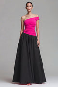 A Line One Shoulder Ruched Fuchsia and Black Formal Dress