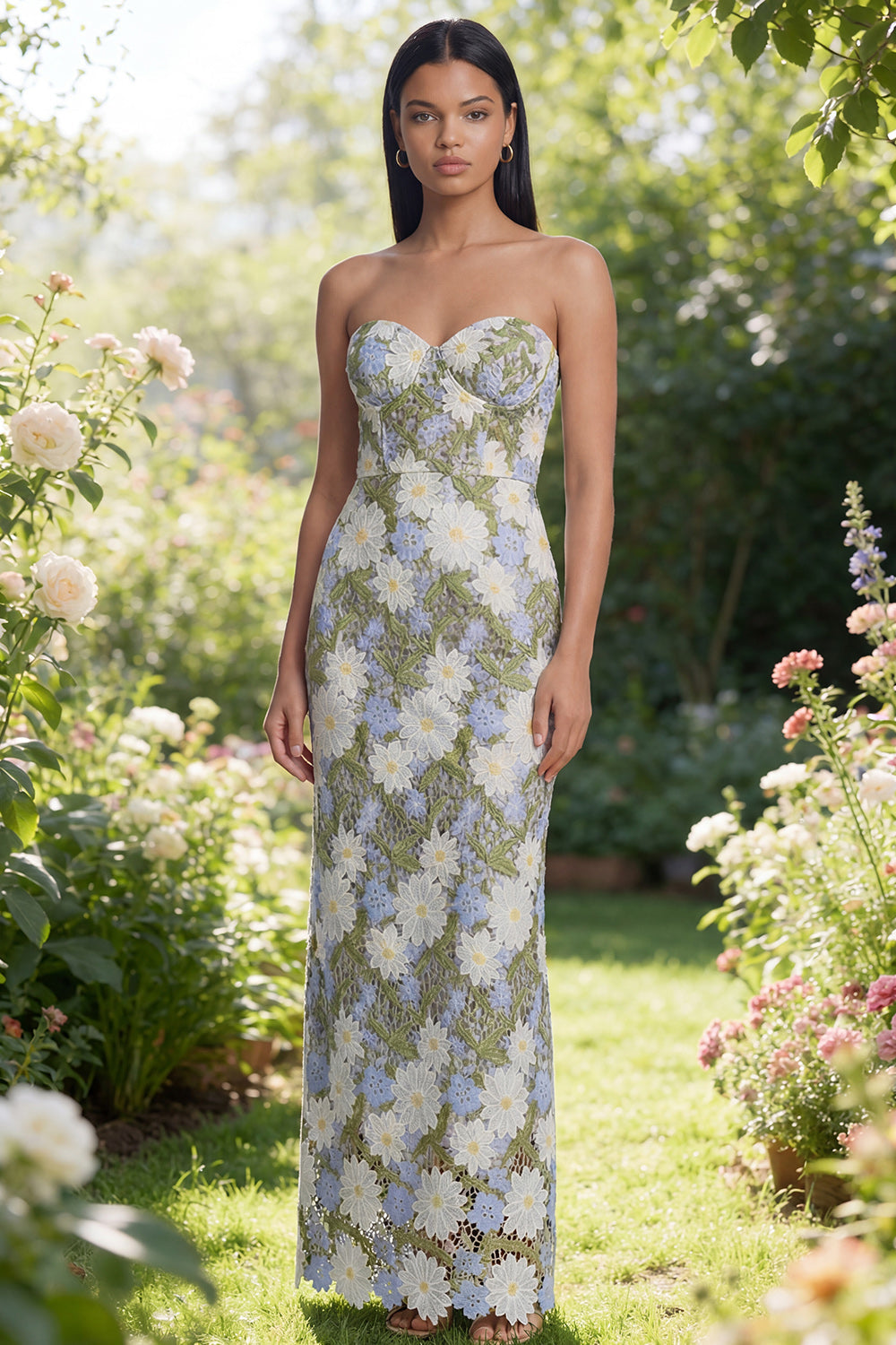 Strapless Sheath Floral Green Wedding Guest Dress with Slit