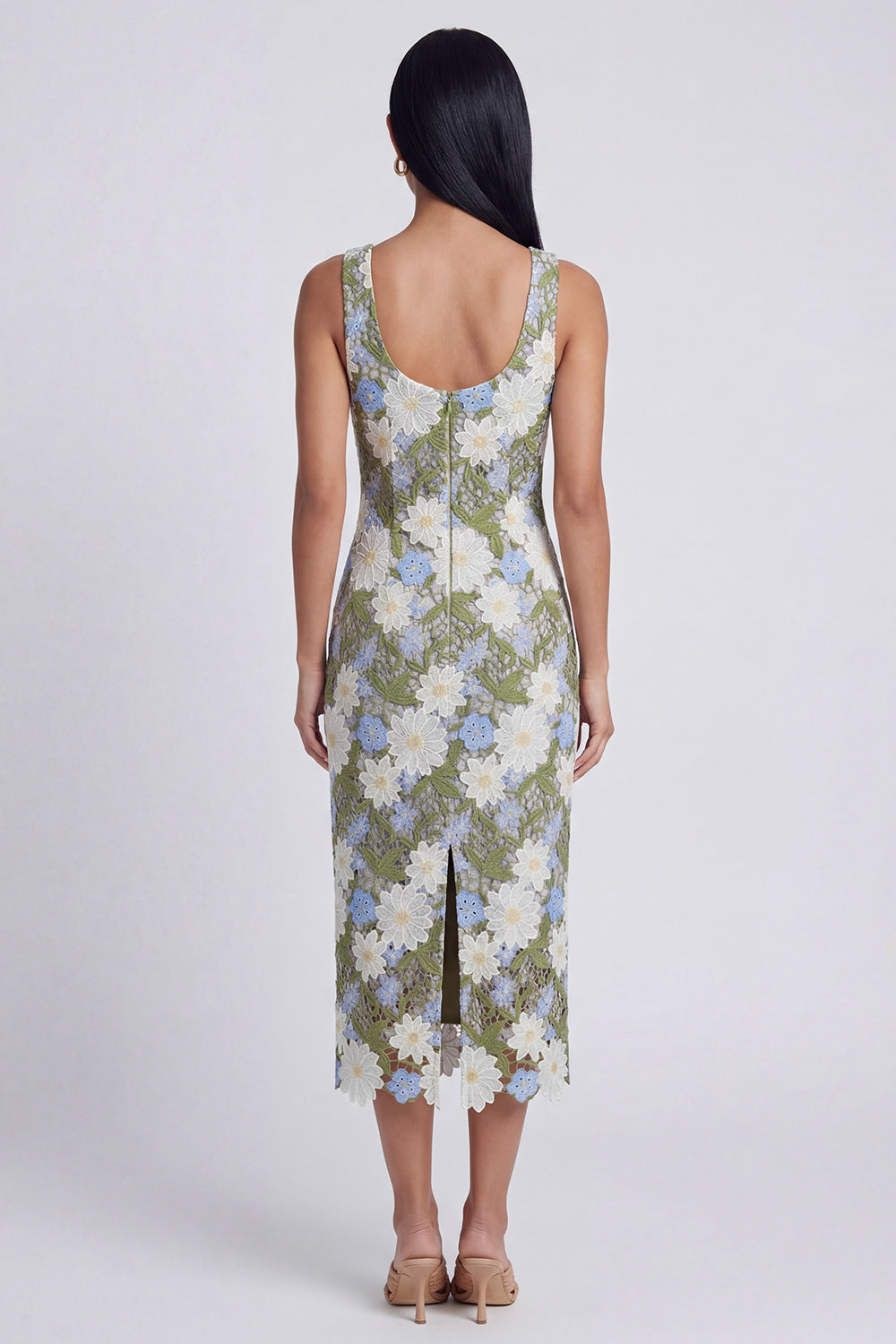 Scoop Neck Floral Green Cut Out Midi Wedding Guest Dress