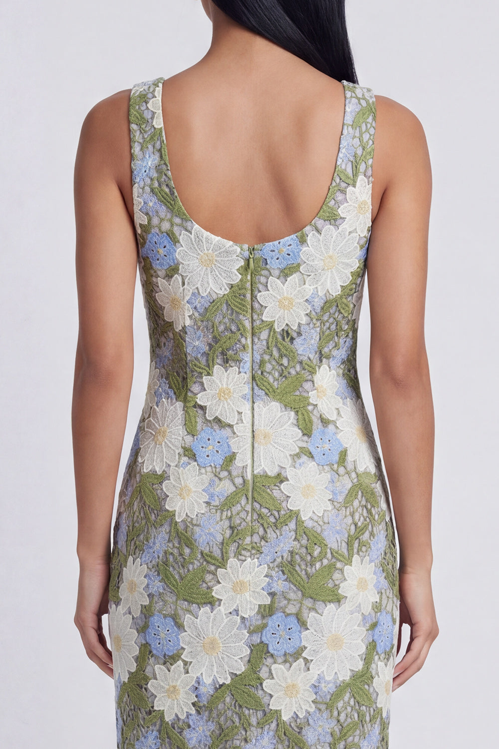 Scoop Neck Floral Green Cut Out Midi Wedding Guest Dress