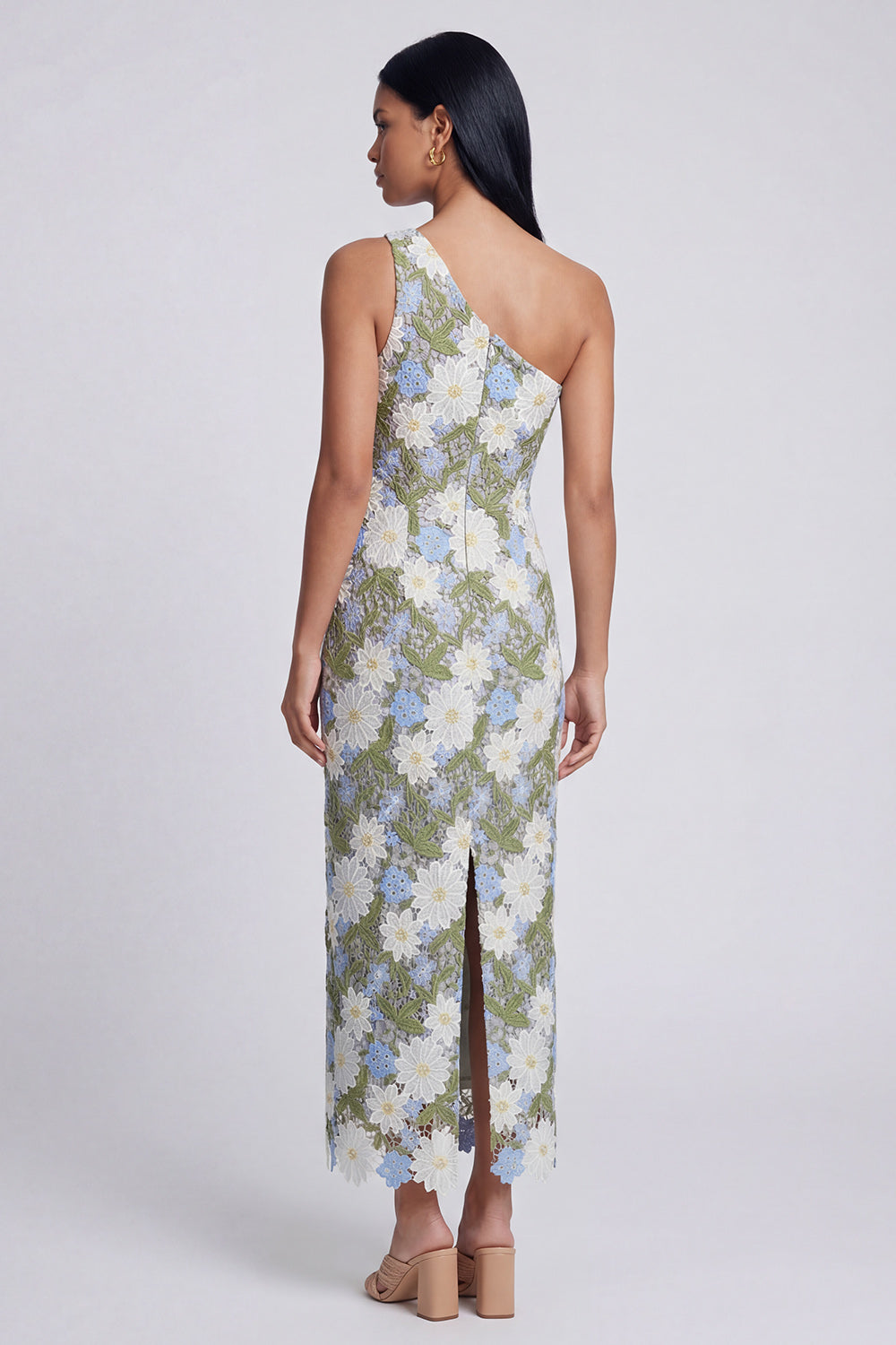 One Shoulder Floral Green Cut Out Sheath Wedding Guest Dress