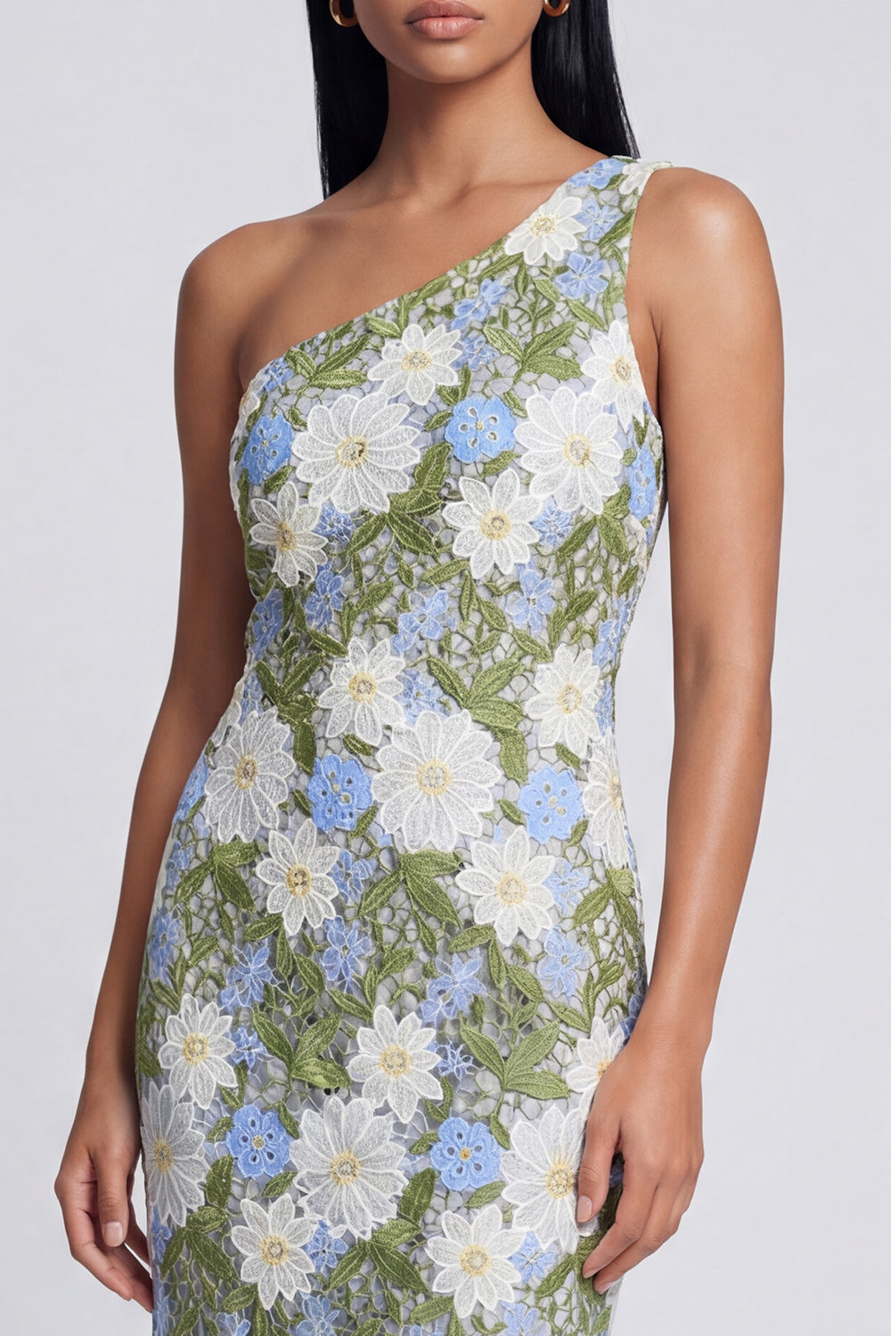 One Shoulder Floral Green Cut Out Sheath Wedding Guest Dress