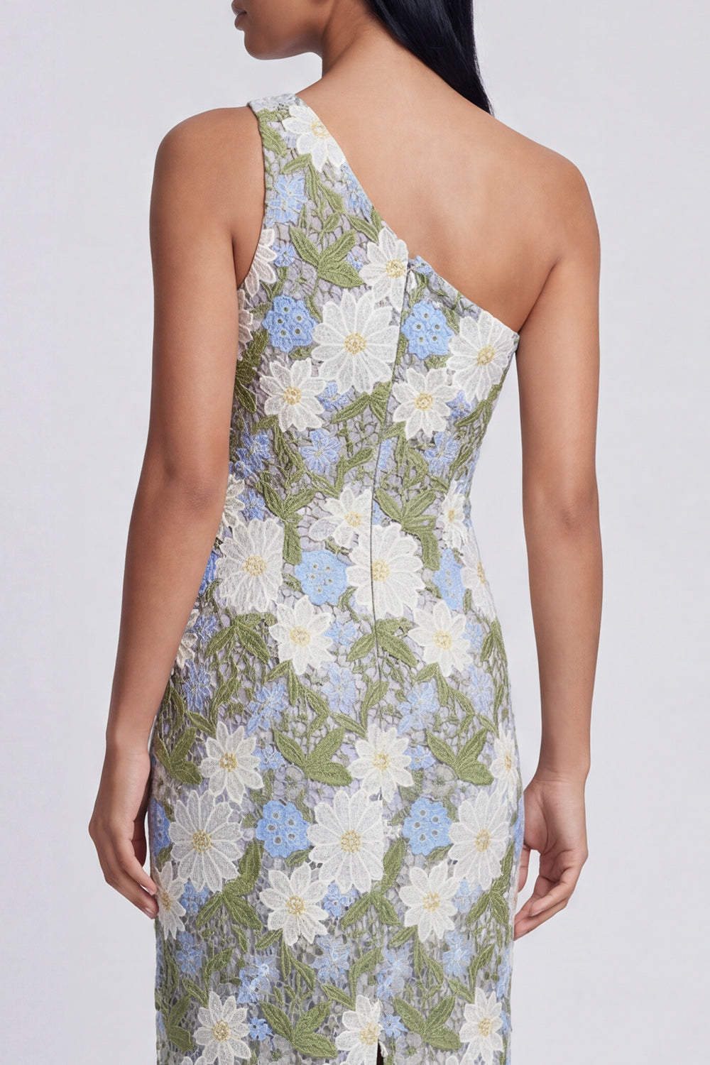 One Shoulder Floral Green Cut Out Sheath Wedding Guest Dress