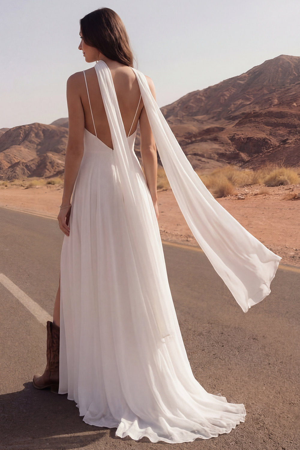 A Line Ivory Maxi Wedding Dress with Shoulder Streamers
