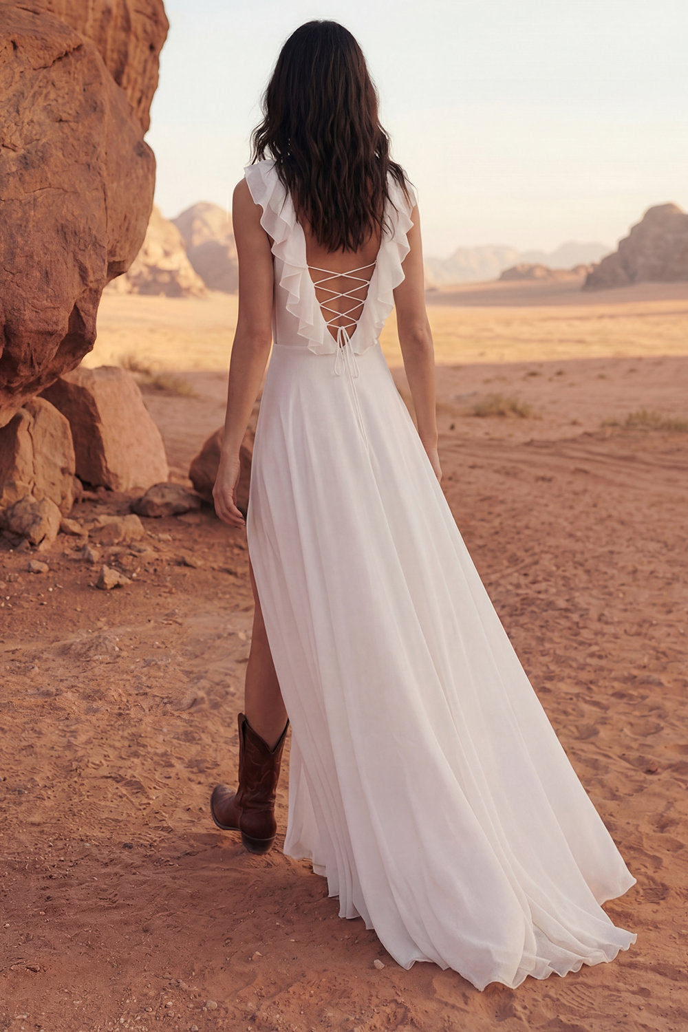 Ivory Ruffled A Line V Neck Boho Wedding Dress