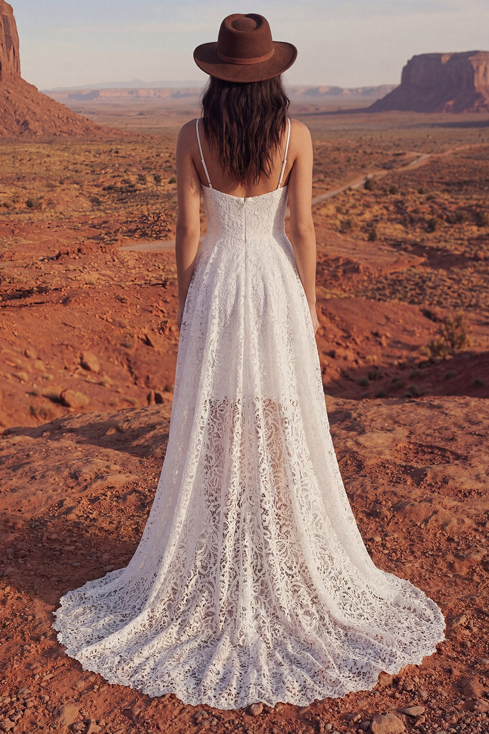 Ivory High Low A Line Lace Boho Wedding Dress