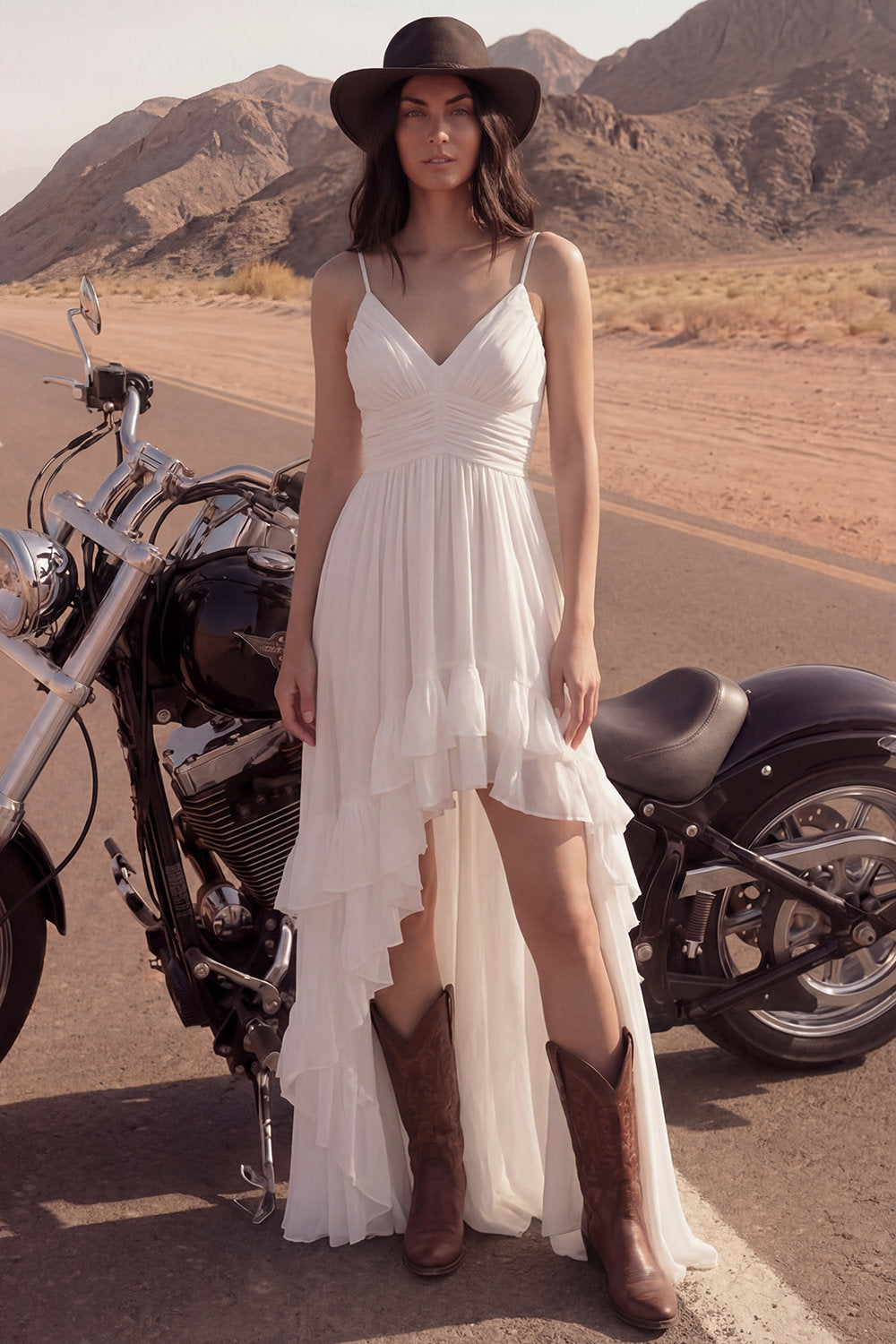 High Low Ivory Ruffled A Line Ruched Boho Wedding Dress