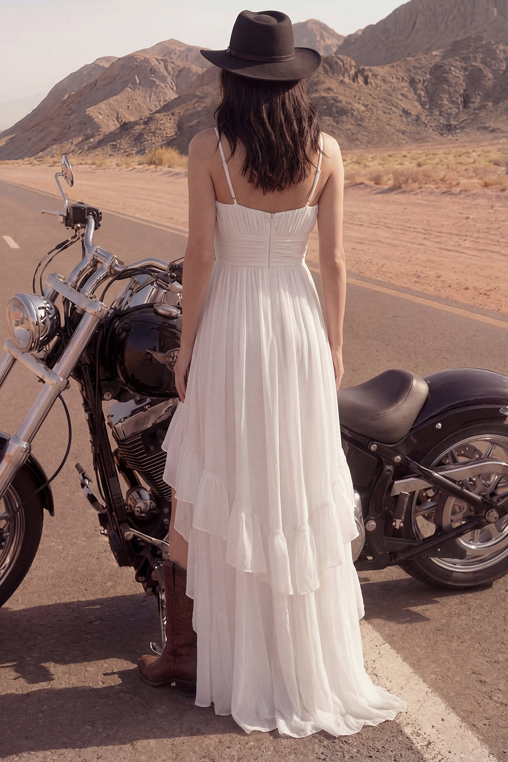 High Low Ivory Ruffled A Line Ruched Boho Wedding Dress