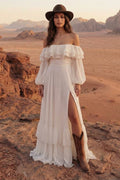 Off the Shoulder Ivory Ruffled A Line Boho Wedding Dress