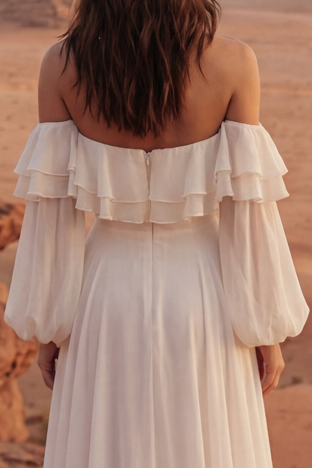 Off the Shoulder Ivory Ruffled A Line Boho Wedding Dress