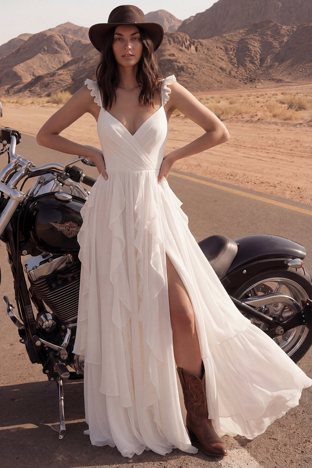 Ivory A Line Ruffled Boho Wedding Dress with Slit
