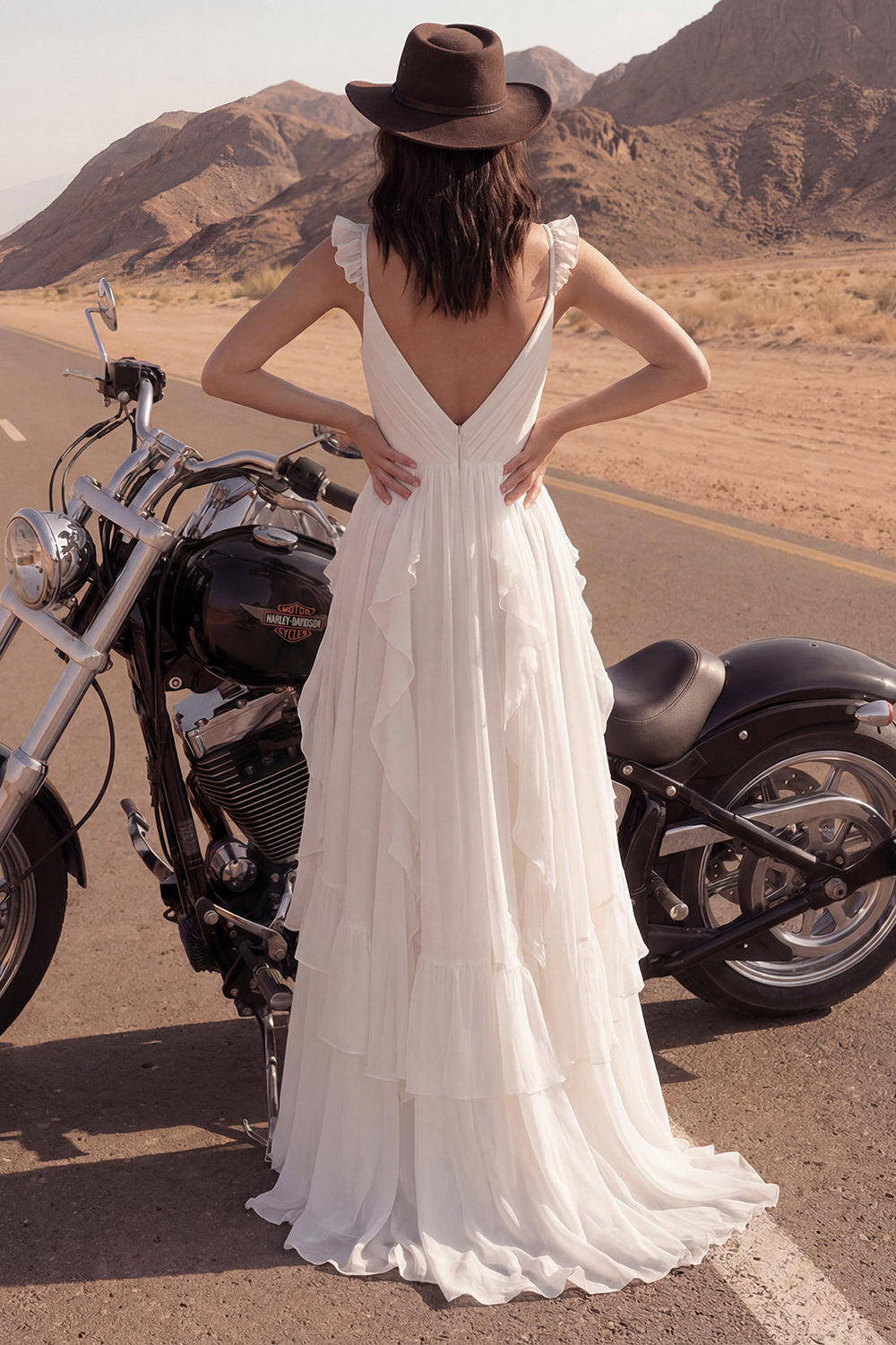Ivory A Line Ruffled Boho Wedding Dress with Slit