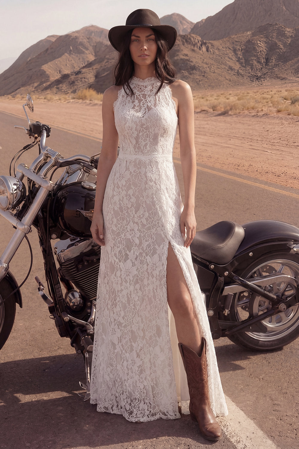 Ivory Halter A Line Maxi Boho Wedding Dress with Lace