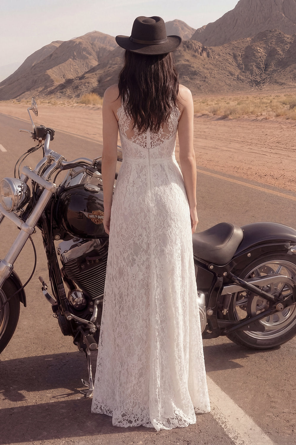 Ivory Halter A Line Maxi Boho Wedding Dress with Lace