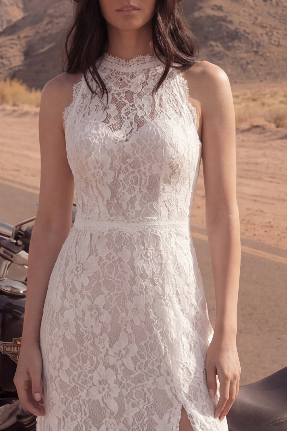 Ivory Halter A Line Maxi Boho Wedding Dress with Lace
