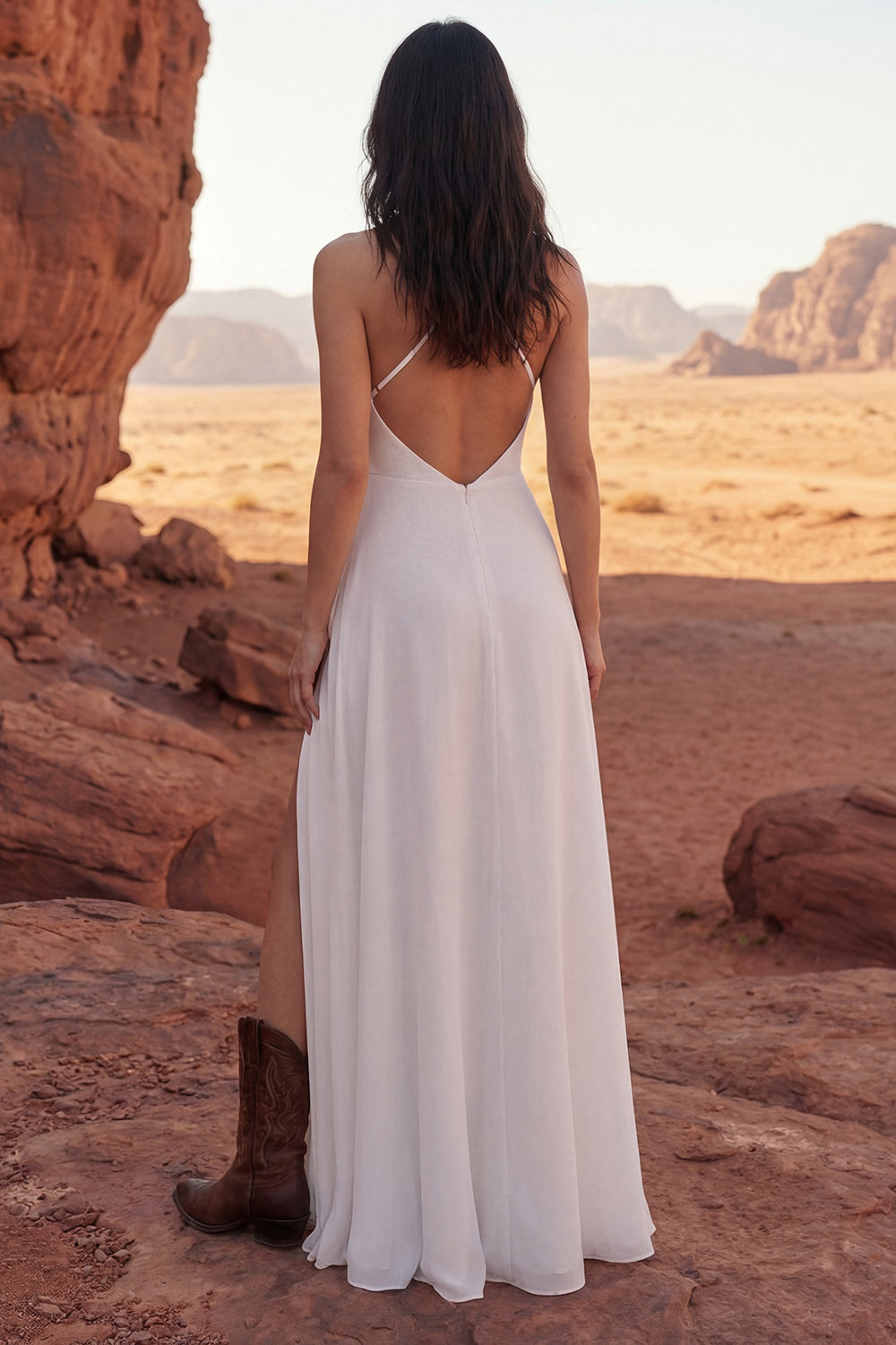 Halter Ivory A Line Ruffled Maxi Boho Wedding Dress
