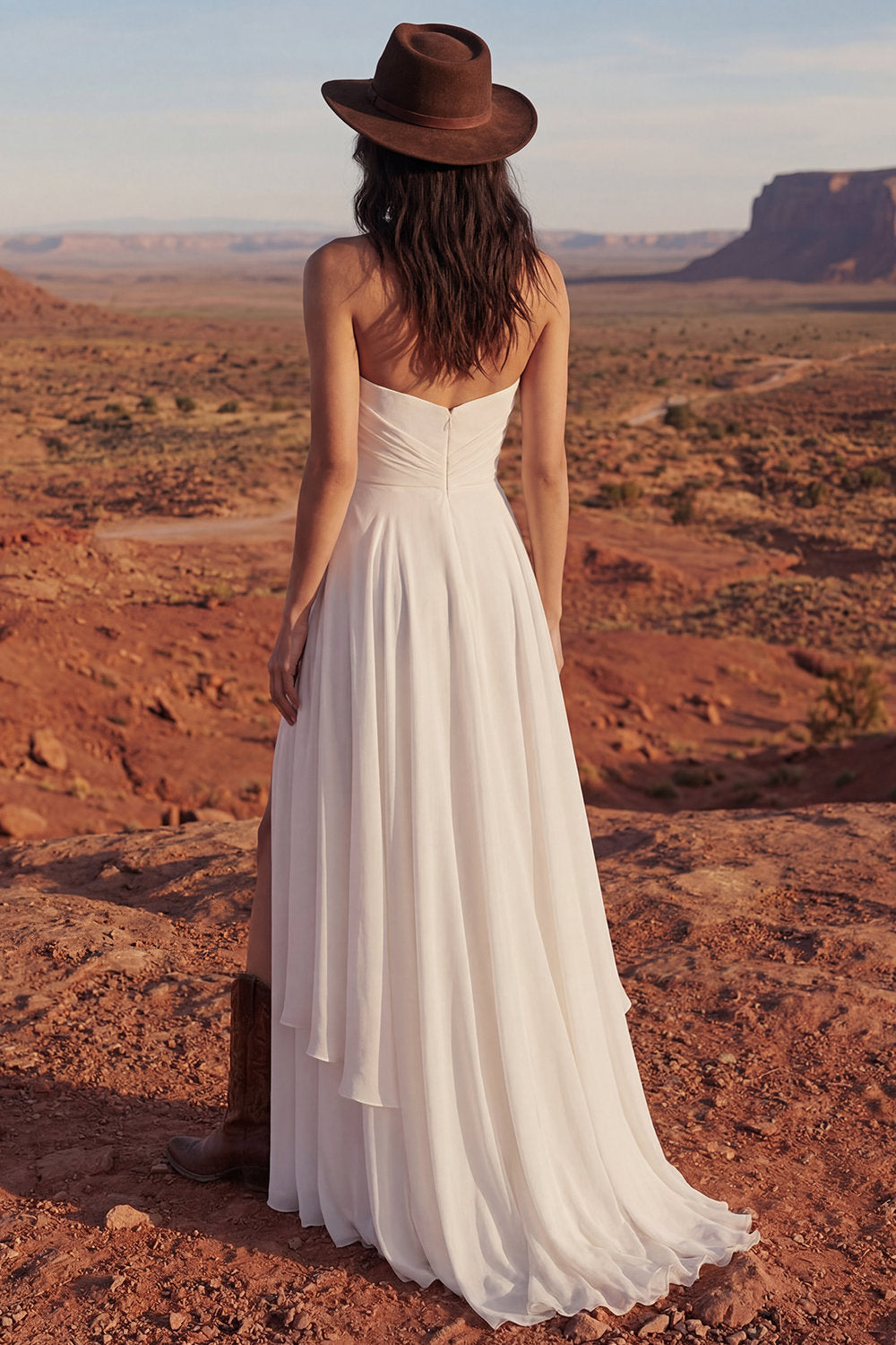 Strapless A Line Ruched Ivory Boho Wedding Dress with Slit