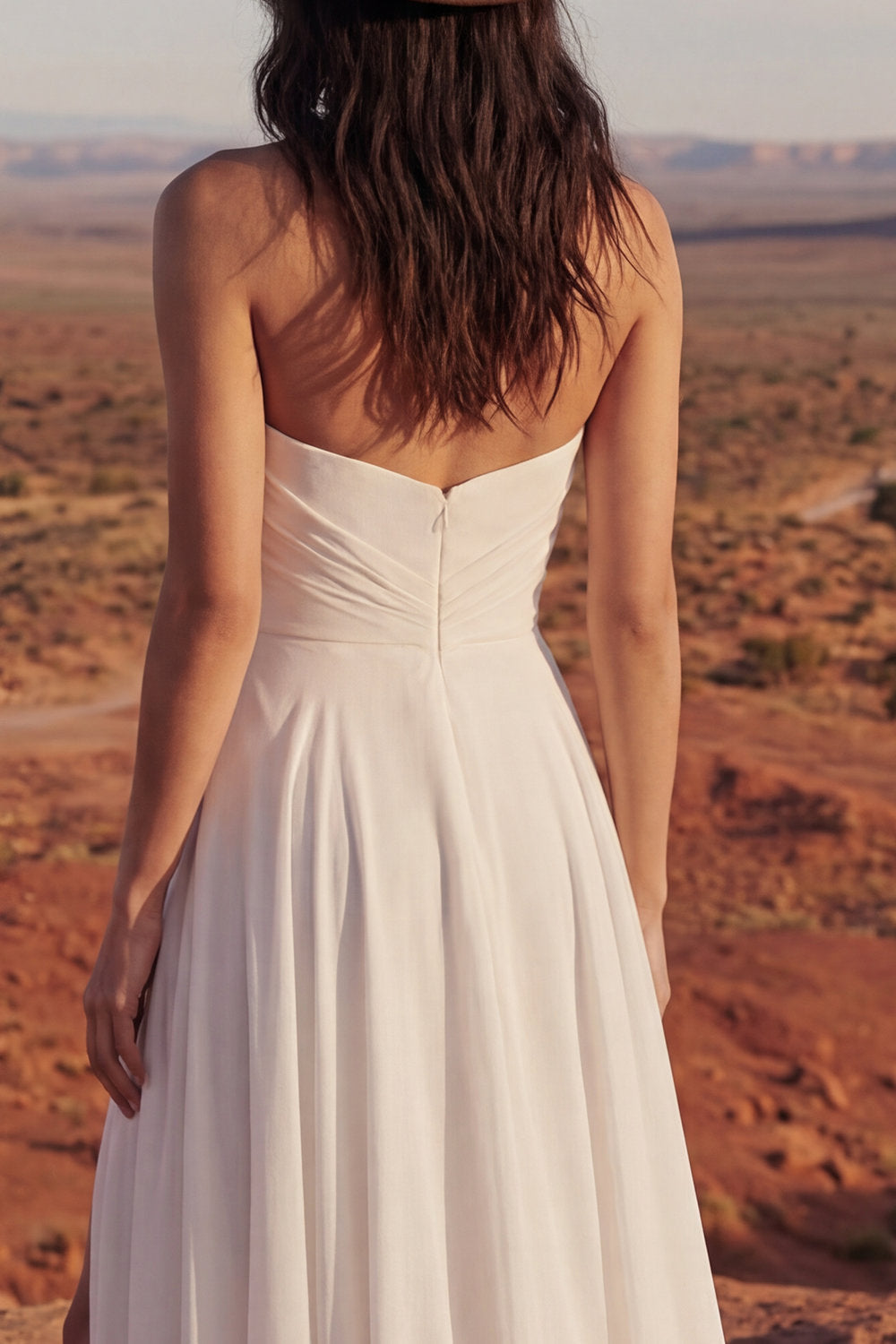 Strapless A Line Ruched Ivory Boho Wedding Dress with Slit