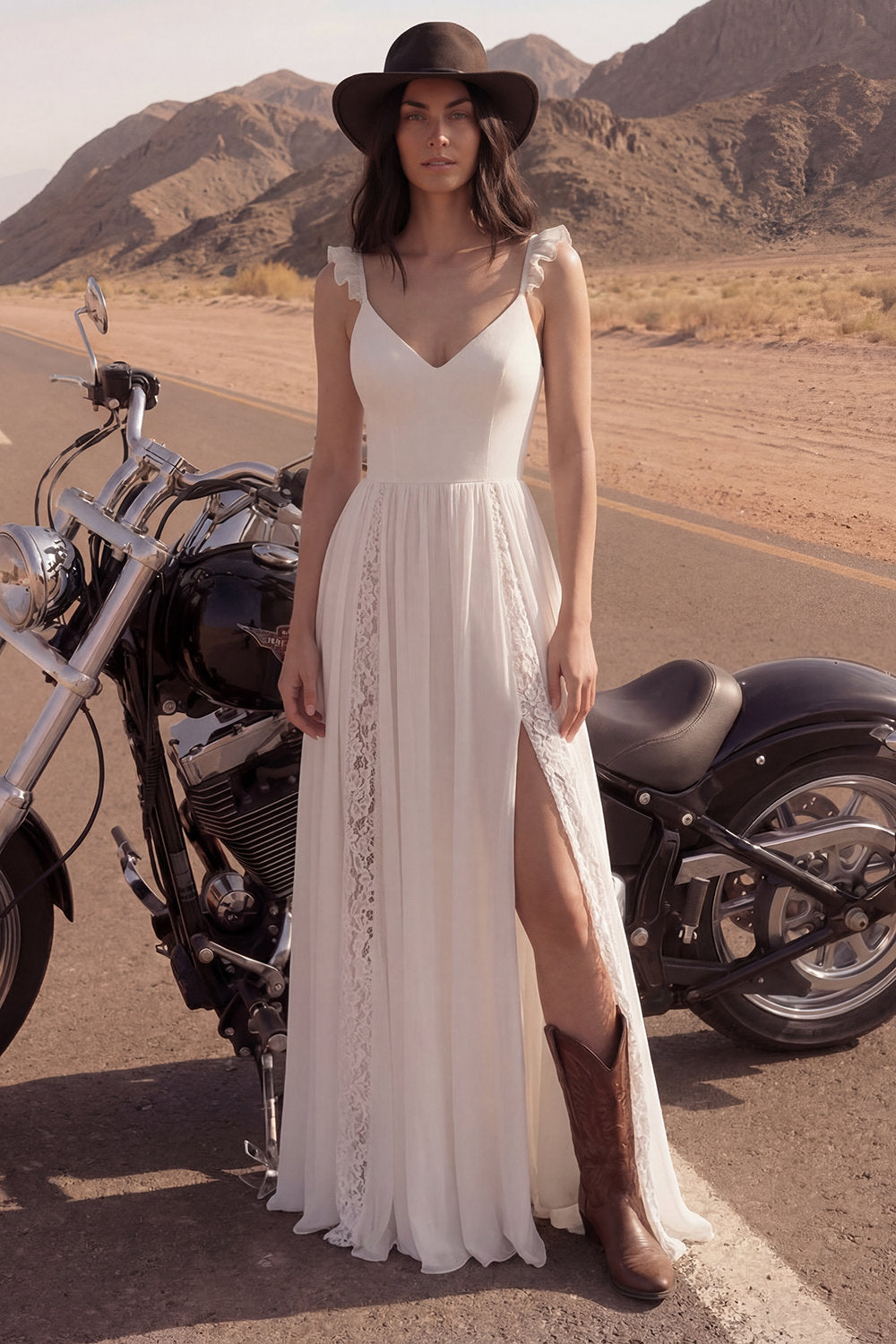 A Line Lace Ivory Ruffled Boho Wedding Dress with Slit