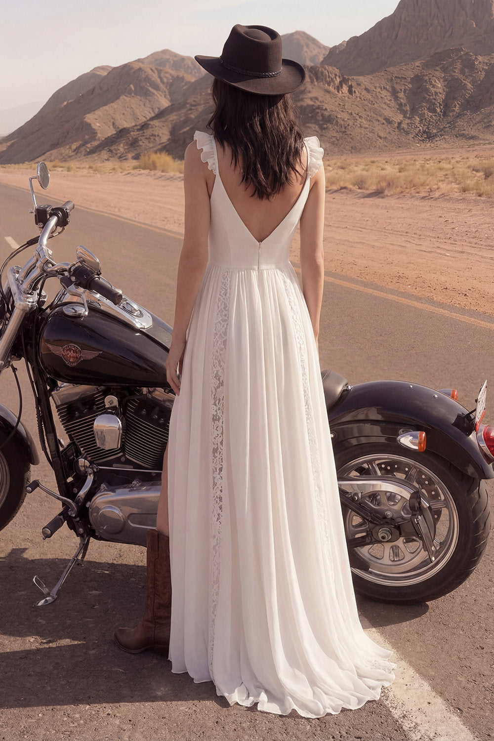 A Line Lace Ivory Ruffled Boho Wedding Dress with Slit