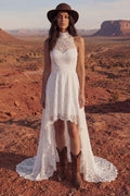 High Neck High Low A Line Lace Ivory Boho Wedding Dress