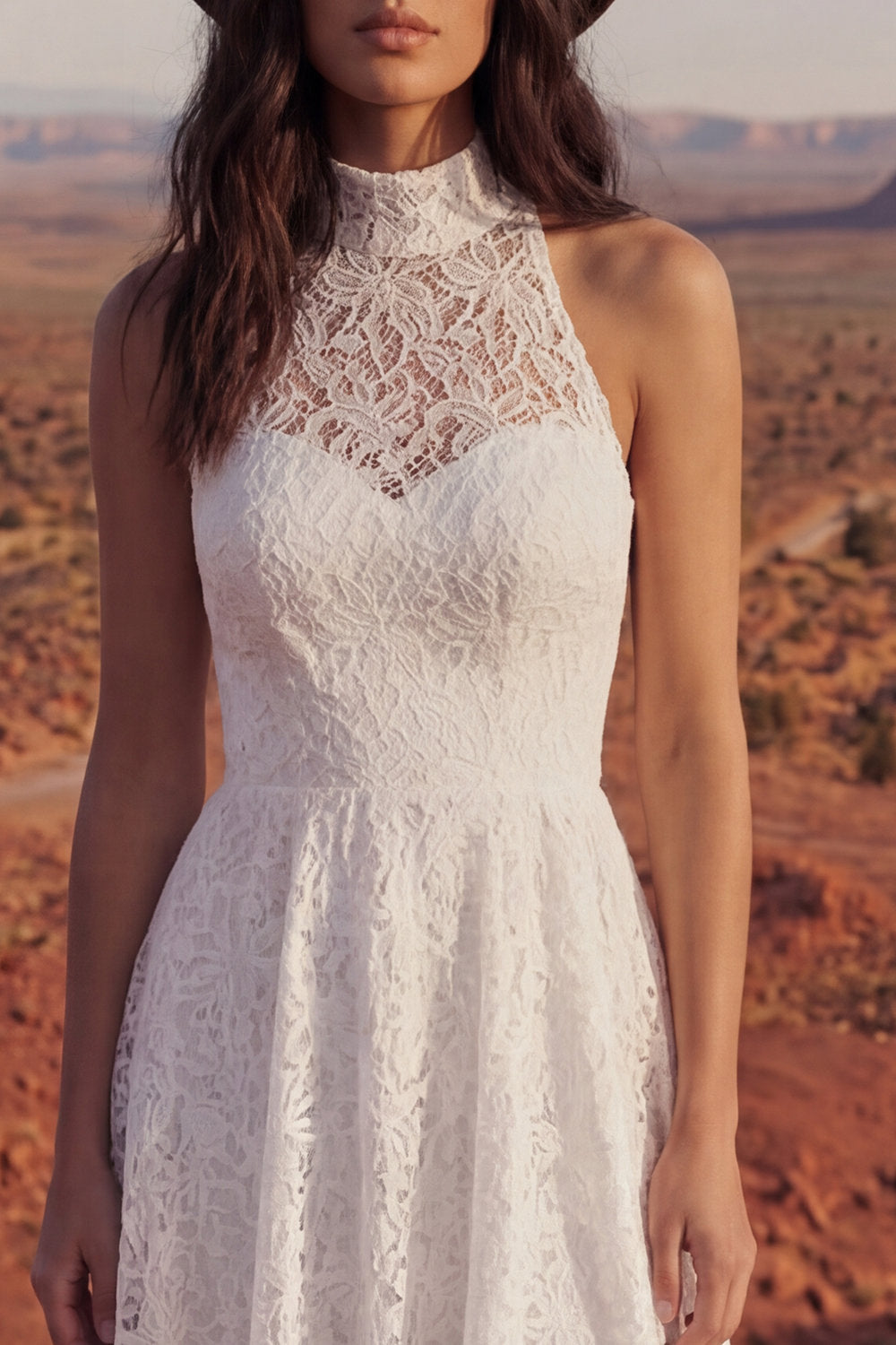 High Neck High Low A Line Lace Ivory Boho Wedding Dress