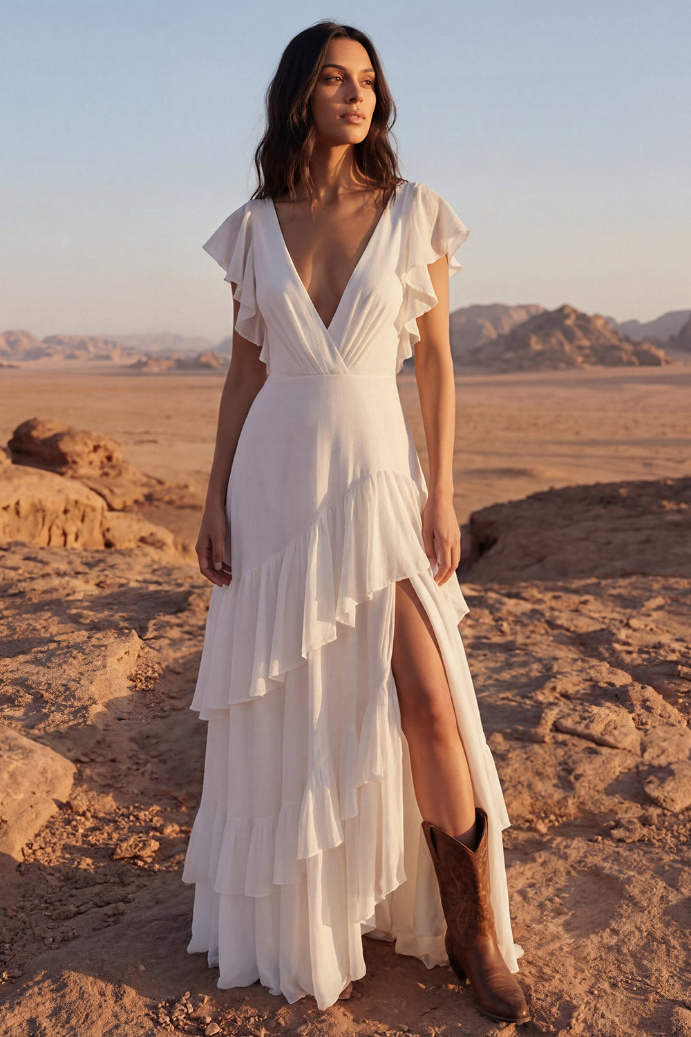 Tiered Ruffled V Neck Ivory Maxi Boho Wedding Dress