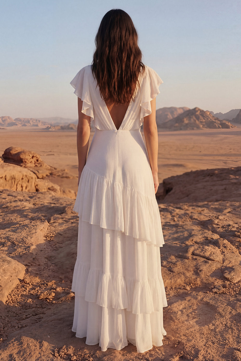 Tiered Ruffled V Neck Ivory Maxi Boho Wedding Dress