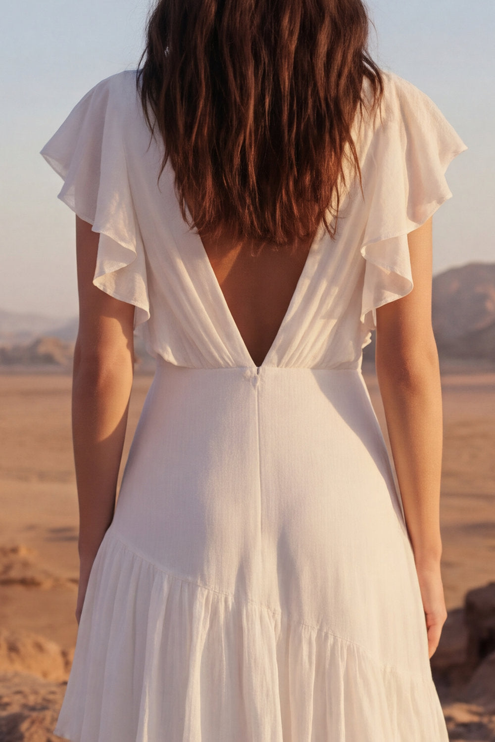 Tiered Ruffled V Neck Ivory Maxi Boho Wedding Dress