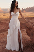 Cowl Neck Ruffled A Line Ivory Boho Wedding Dress