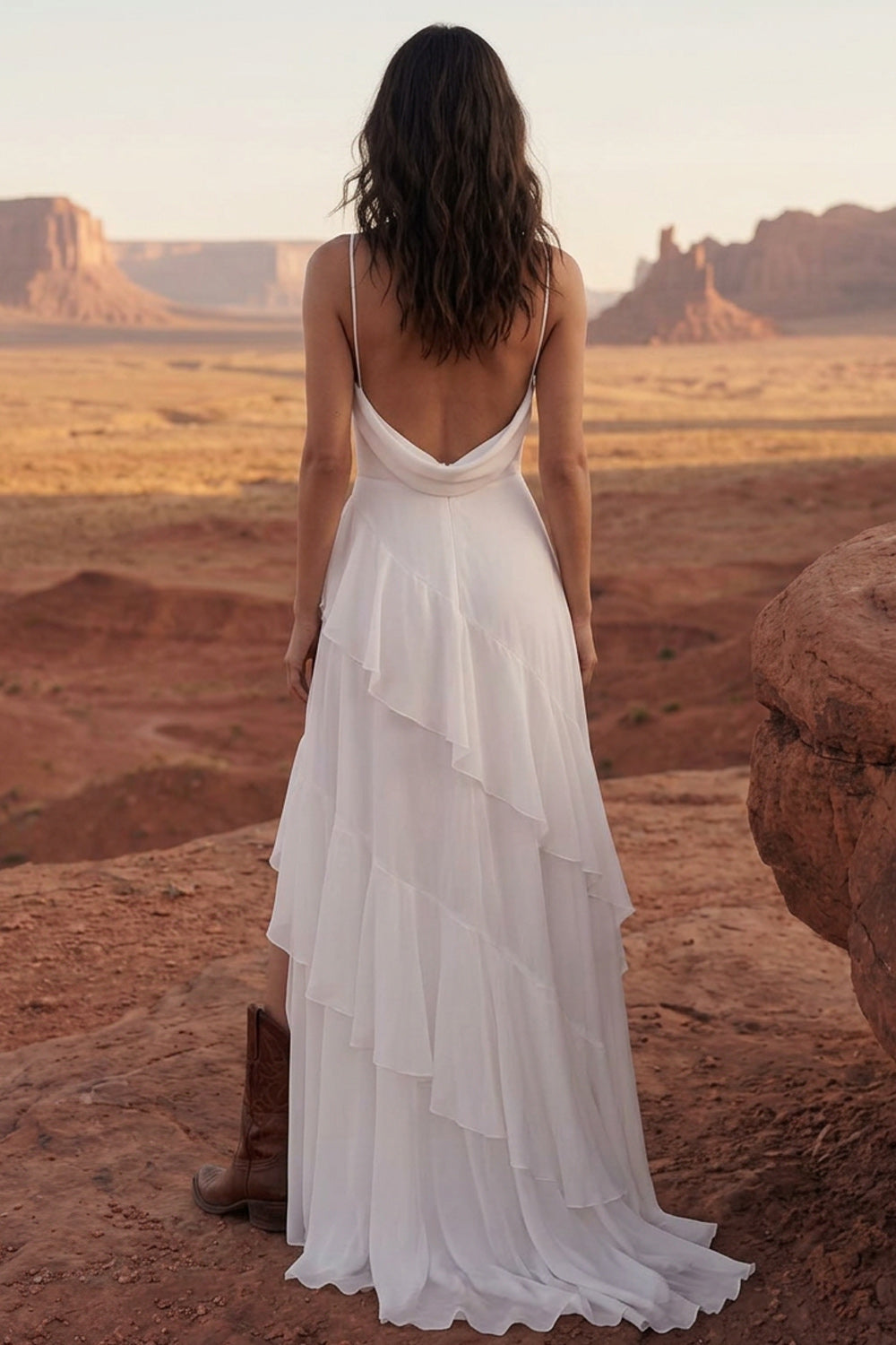 Cowl Neck Ruffled A Line Ivory Boho Wedding Dress