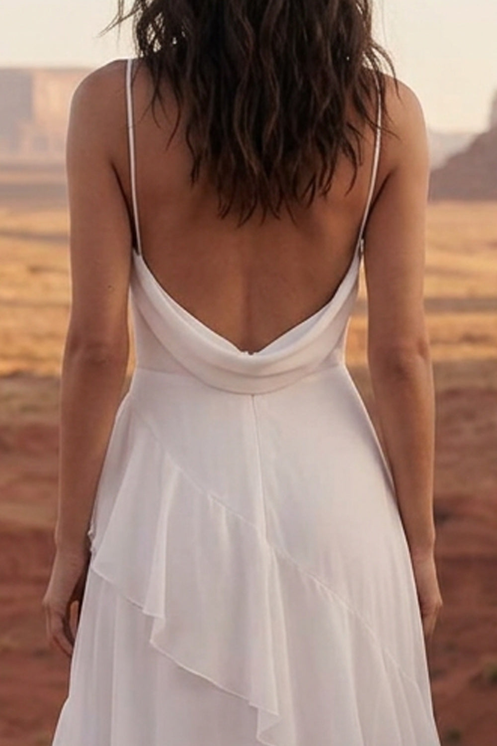 Cowl Neck Ruffled A Line Ivory Boho Wedding Dress