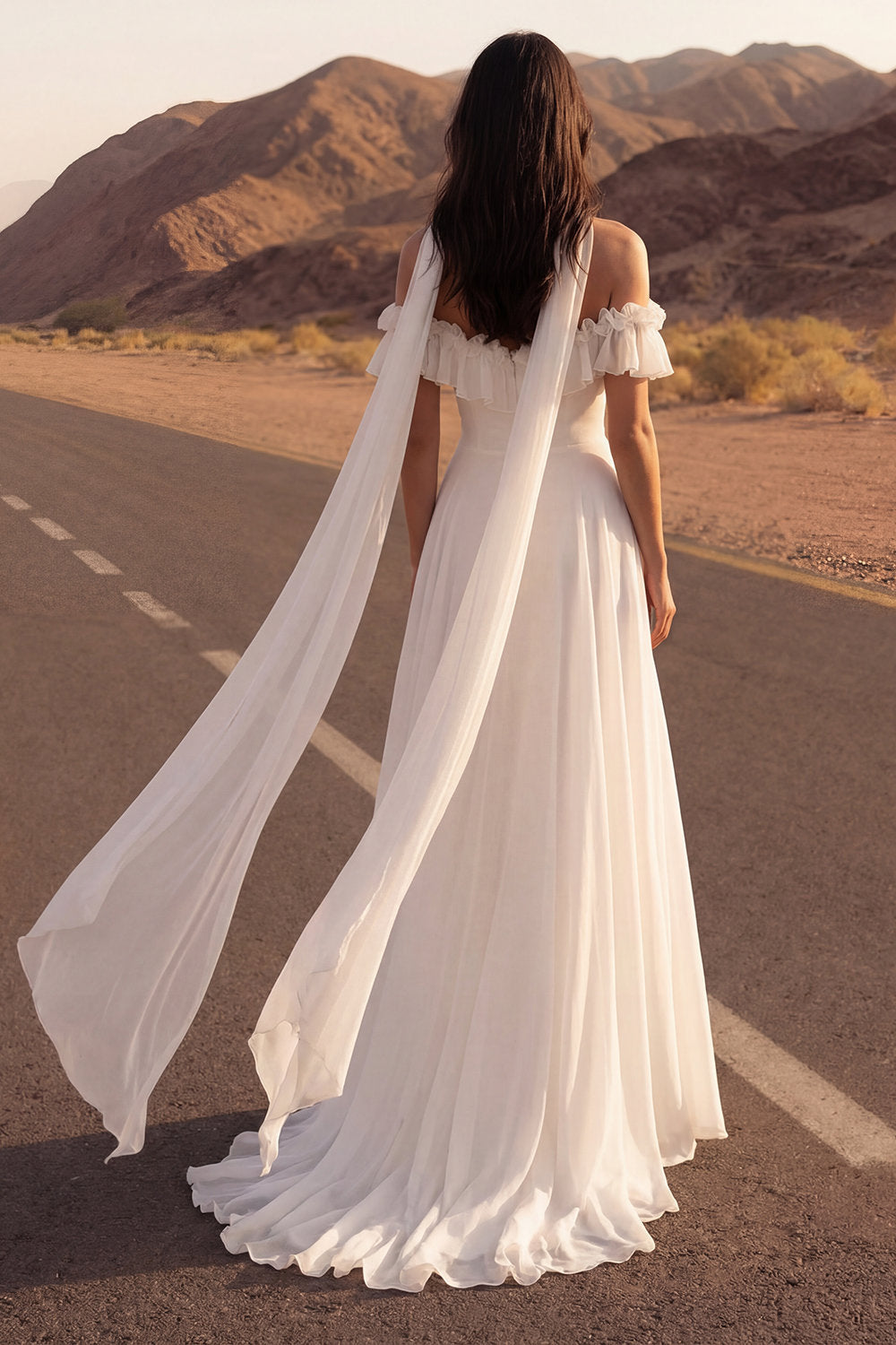 Off the Shoulder High Low A Line Ruffled Ivory Boho Wedding Dress