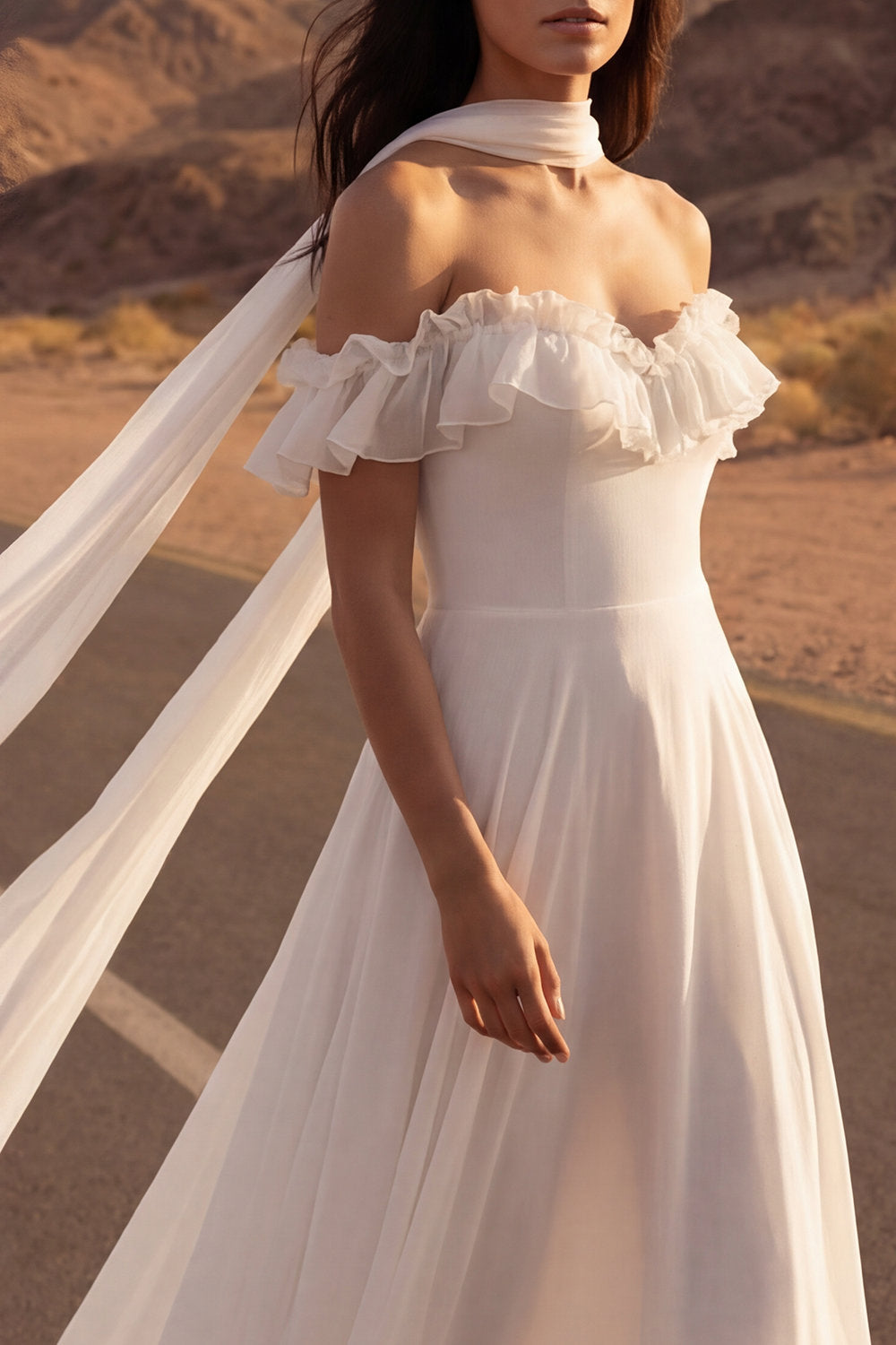 Off the Shoulder High Low A Line Ruffled Ivory Boho Wedding Dress