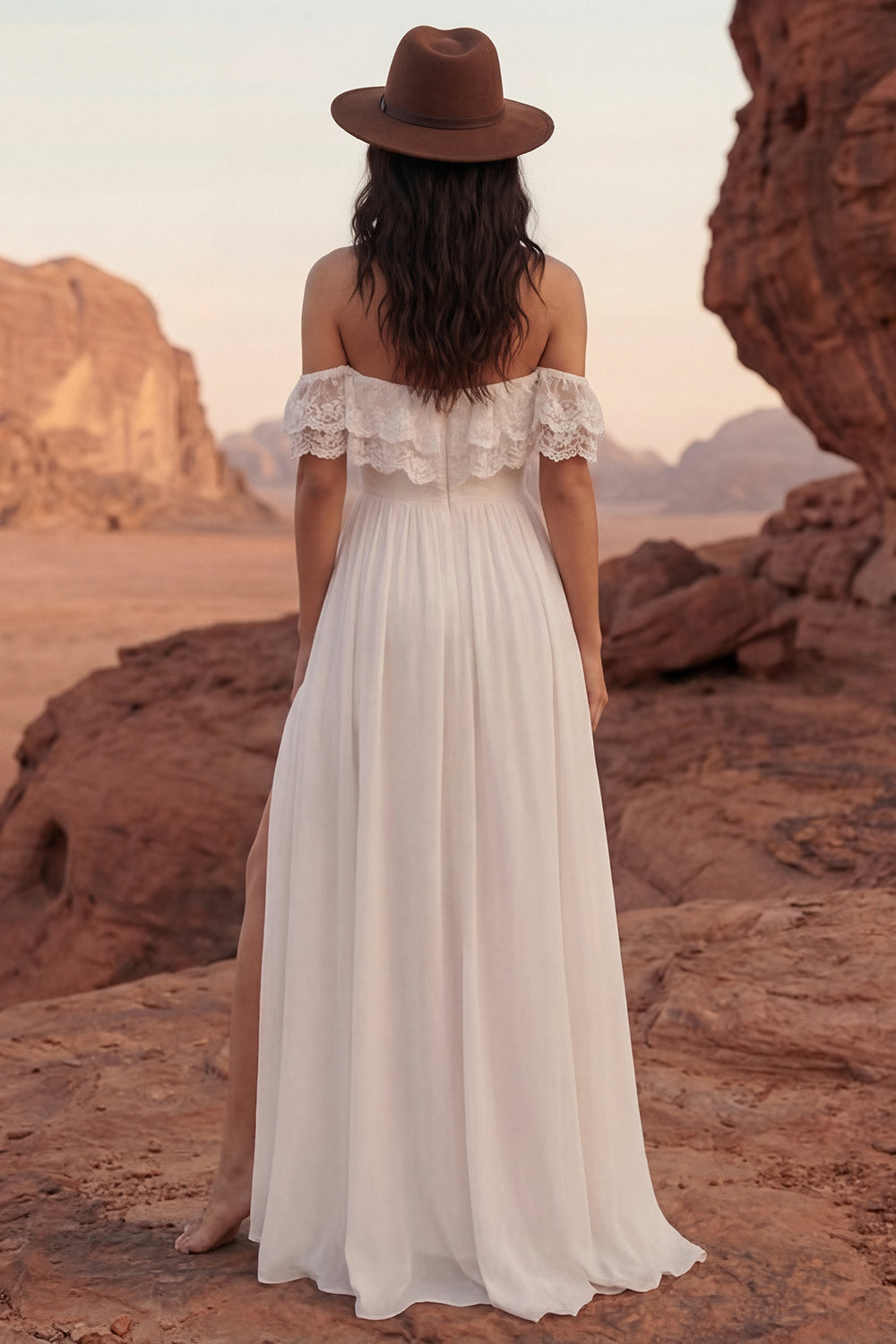 Ivory Off the SHoulder A Line Lace Boho Wedding Dress with Ruffles