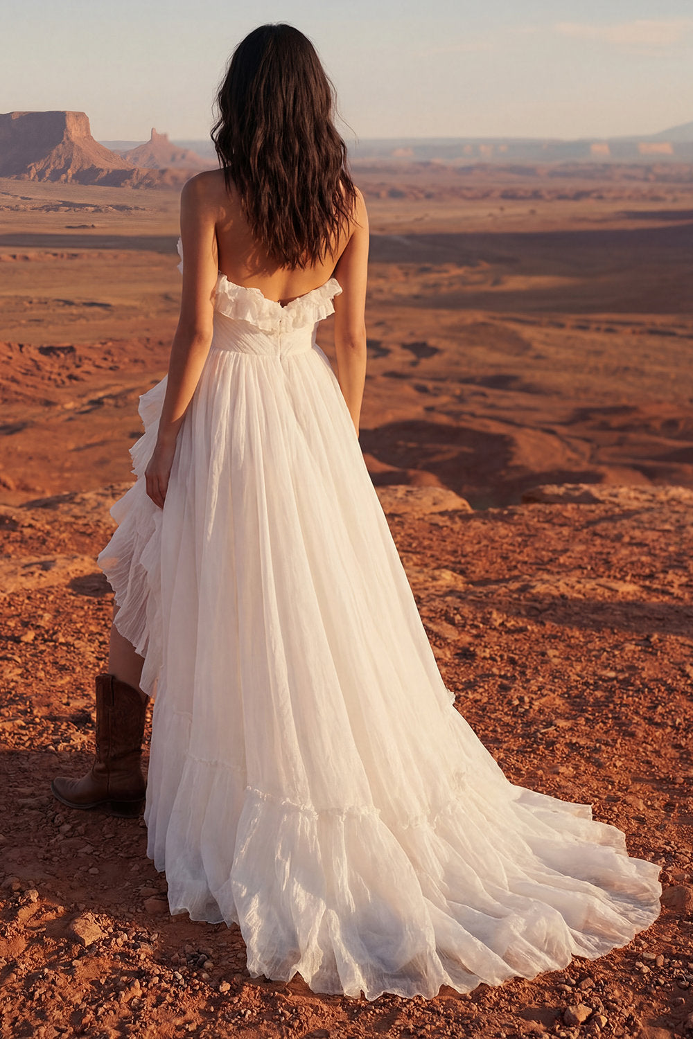 Ivory Strapless Ruffled Ruched Boho Wedding Dress