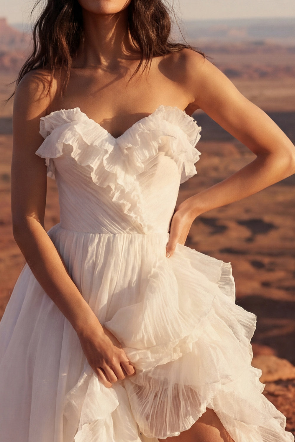 Ivory Strapless Ruffled Ruched Boho Wedding Dress