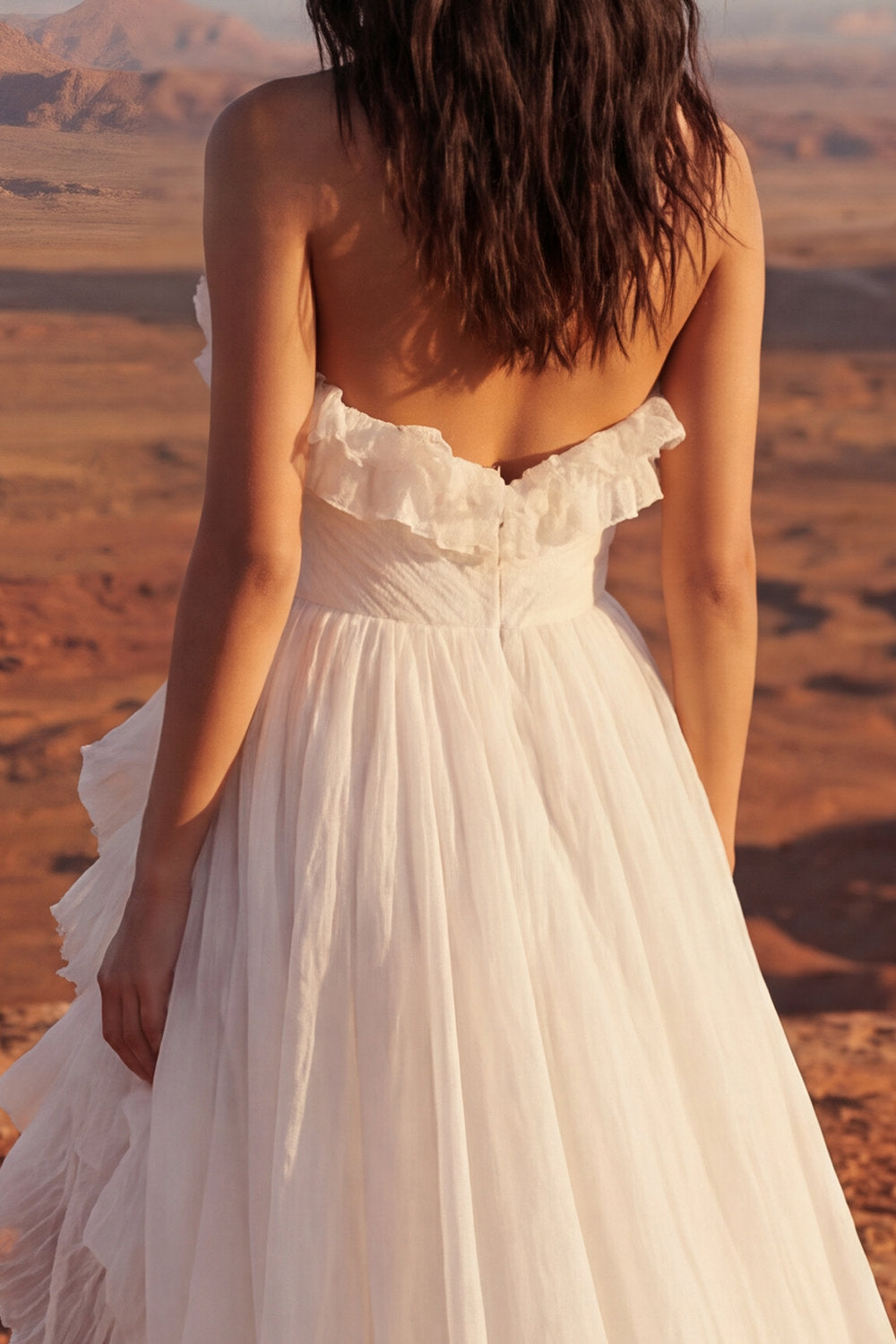 Ivory Strapless Ruffled Ruched Boho Wedding Dress