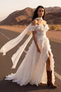 Ivory Off the Shoulder Lace Ruffled A Line Boho Wedding Dress