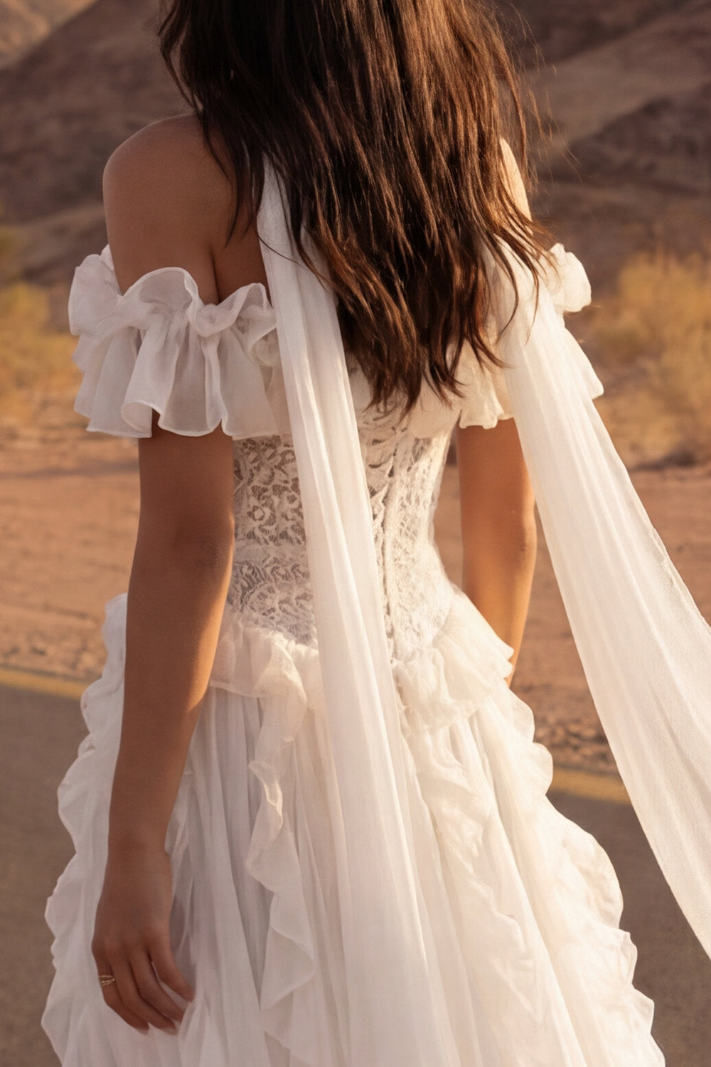 Ivory Off the Shoulder Lace Ruffled A Line Boho Wedding Dress