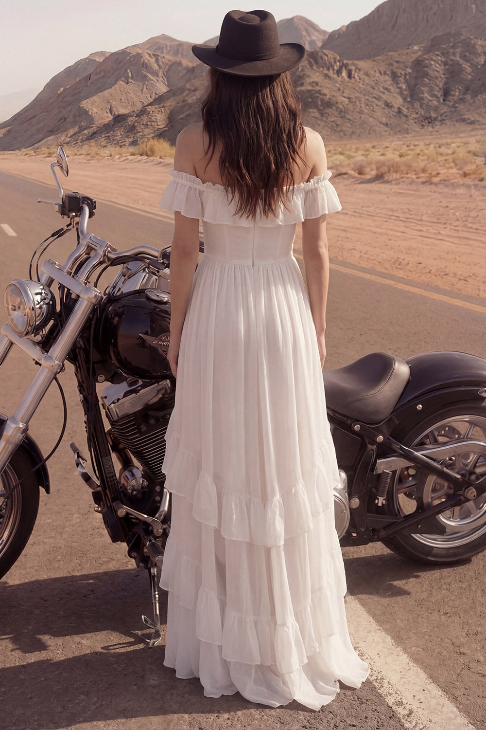 Off the Shoulder High Low Ivory Ruffled Boho Wedding Dress