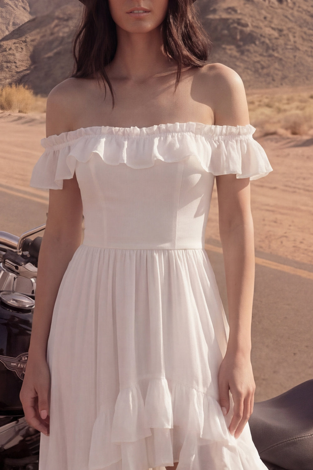 Off the Shoulder High Low Ivory Ruffled Boho Wedding Dress