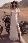 Off the Shoulder Lace Ruffled Ivory Boho Wedding Dress
