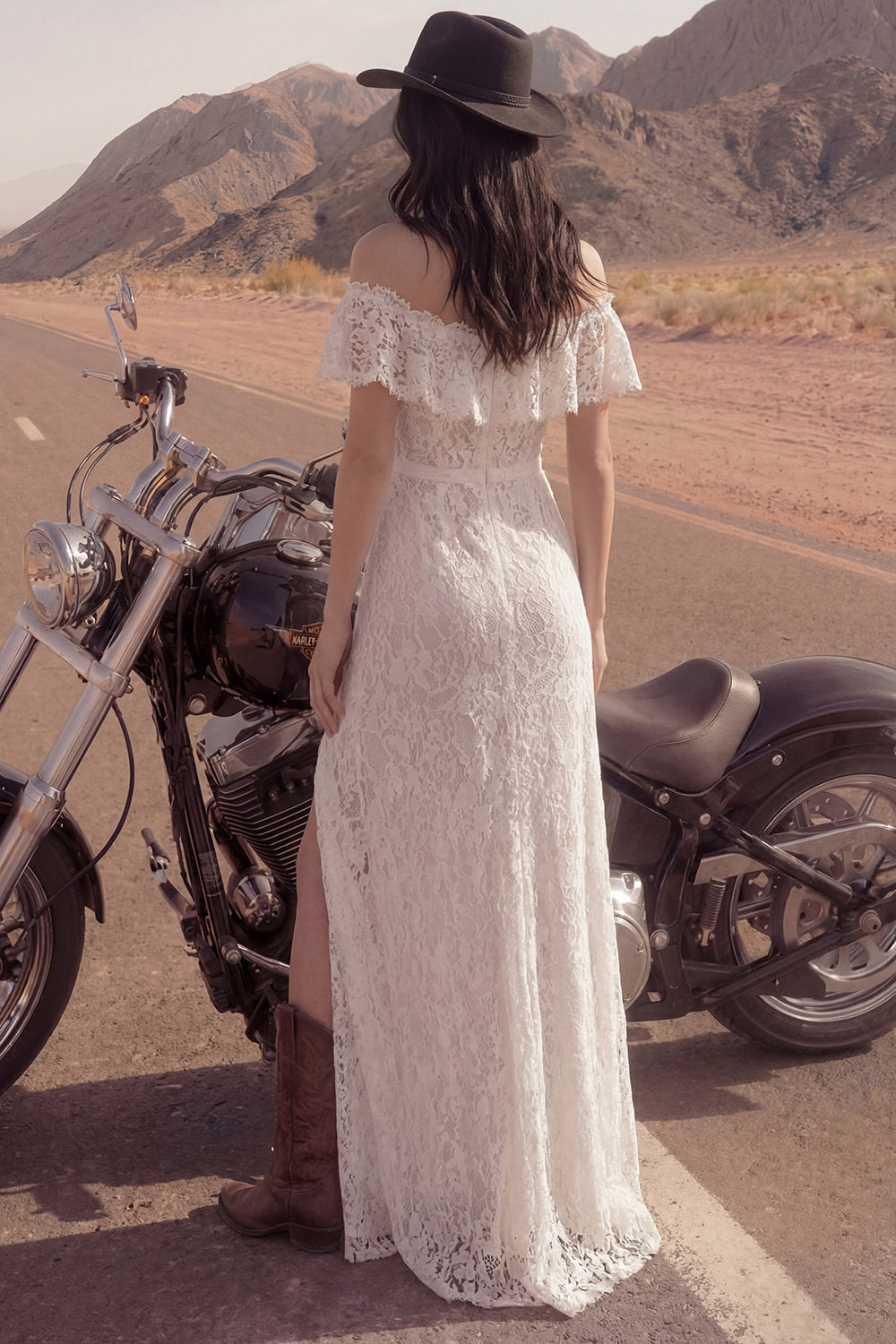 Off the Shoulder Lace Ruffled Ivory Boho Wedding Dress