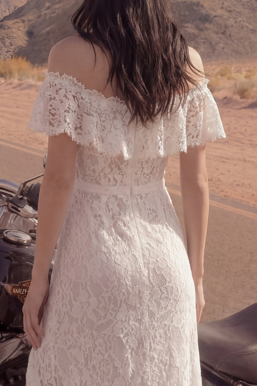 Off the Shoulder Lace Ruffled Ivory Boho Wedding Dress