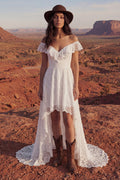 Ivory High Low Off the Shoulder A Line Boho Wedding Dress