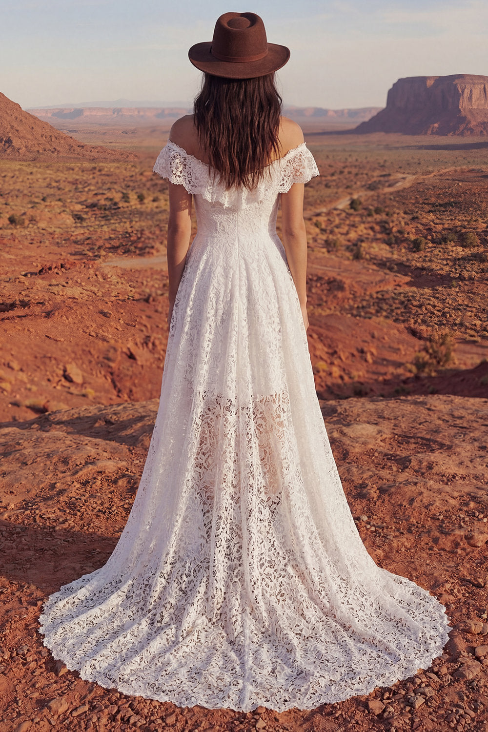 Ivory High Low Off the Shoulder A Line Boho Wedding Dress
