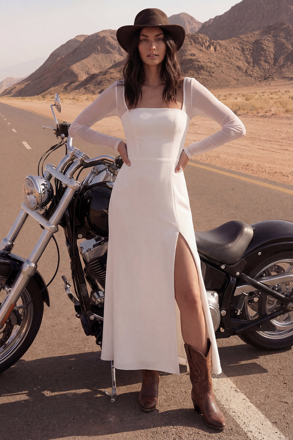 Long Sleeve A Line Ivory Satin Boho Wedding Dress