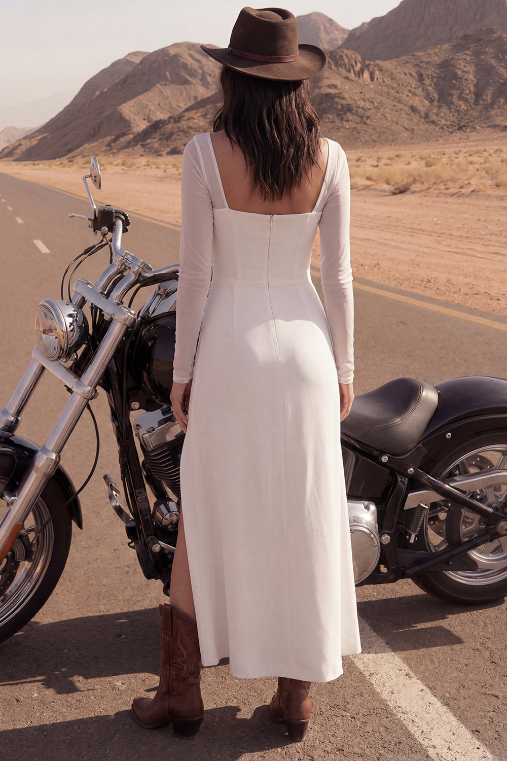 Long Sleeve A Line Ivory Satin Boho Wedding Dress