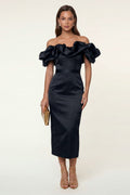 Off the Shoulder Black Ruffled Bodycon Work Dress